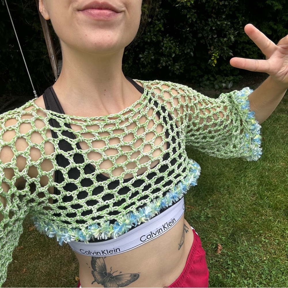 Handmade crochet green + white sleeves